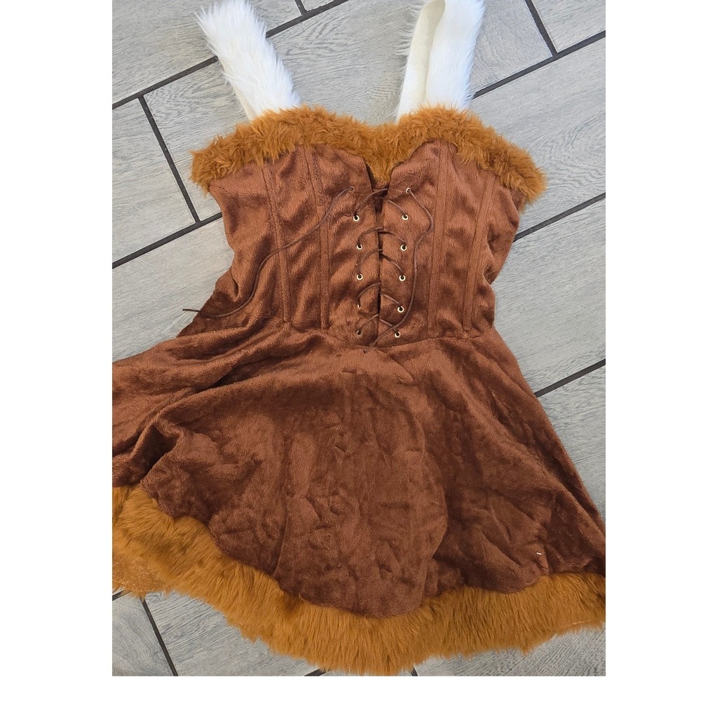 Fun World Reindeer Costume Dress Brown Faux Fur Lace Up Front Womens ML 10-14